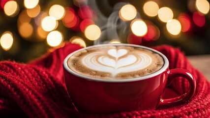 Cozy Christmas Latte - A steaming red mug of latte with latte art sits on a red knit scarf with bokeh lights in the background. The warm drink and soft scarf invite a cozy and comforting feeling.