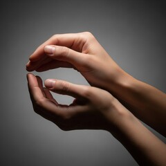 Two hands forming a protective circle or cupping gesture against a moody grey background, symbolizing care, safety, and intimacy.