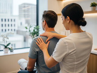 	Female therapist performing physical therapy on male patients shoulder in modern clinic with city view for healthcare and wellness concept	"physical therapy
