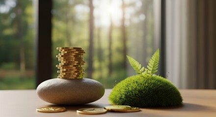 Natural Growth and Wealth Concept with Coins and Greenery in a Bright Indoor Environment