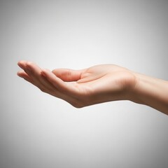 An empty, cupped hand extending forward against a soft grey gradient background, inviting or offering support and care.
