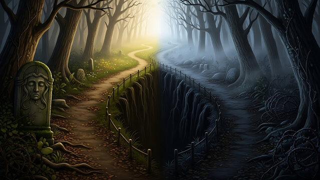 Mysterious forest path with sunlight filtering through trees - Powered by Adobe
