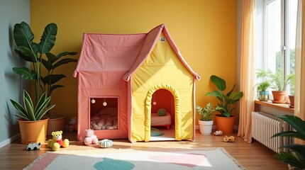 Children's play tent in yellow and pink, surrounded by toys and potted plants in a bright room with wooden flooring and warm sunlight. Concept of playhouse in cheerful kid's space