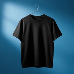 A plain black t-shirt hanging on a hanger against a vibrant blue gradient background, perfect for design mockups and fashion concepts.