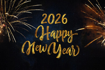 Festive 2026 Happy New Year greeting with elegant gold glitter calligraphy. Features vibrant golden fireworks bursting against a dark, starry night sky background. Perfect for holiday celebrations