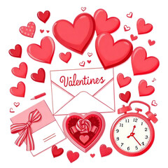 Valentines day collection with hearts letter envelope alarm clock and heart shaped box art