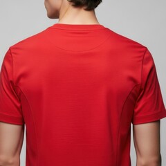 Back view of a man wearing a vibrant red t-shirt, showcasing the clean lines and athletic fit, perfect for branding.