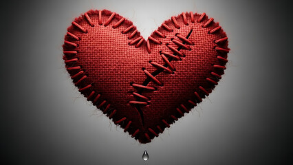 Handmade red heart stitched together with visible seams on a gray background