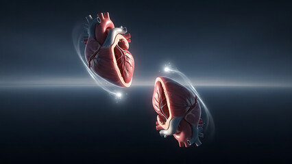 Two glowing human hearts with a futuristic background