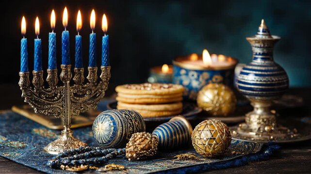 A photo showcasing a traditional Hanukkah menorah adorned with candles and decorative elements A festive Hanukkah banner featuring the menorah dreidel and Star of David