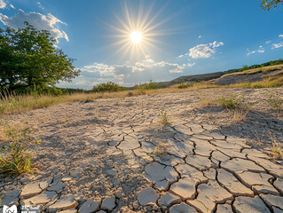 A dry cracked earth landscape under a blazing sun