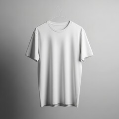 A plain white t-shirt suspended on a hanger against a gradient grey background, perfect for showcasing custom graphics.