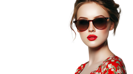 Model woman wearing sunglasses stylish fashion portrait confident pose modern eyewear studio isolated on white background