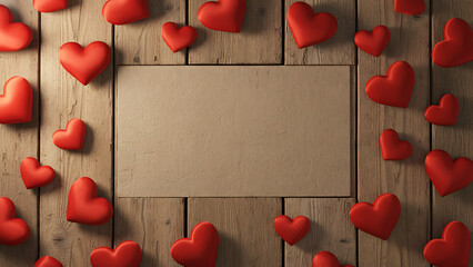 Red Satin Hearts on Wooden Plank Background &mdash; Rustic Romantic Love Valentine&rsquo;s Day Banner