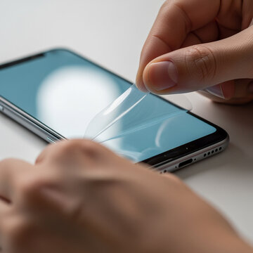 Carefully applying a protective screen cover to a modern smartphone