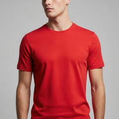 Front view of a man wearing a bold red t-shirt, a classic crew neck style suitable for any casual occasion.