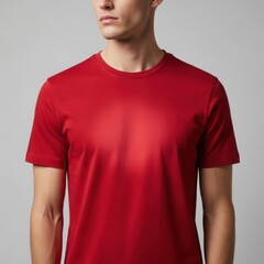A man modeling a bright red t-shirt from the front, featuring a clean design and smooth fabric texture.