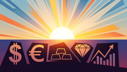 Financial symbols at sunrise with gold money and growth concepts