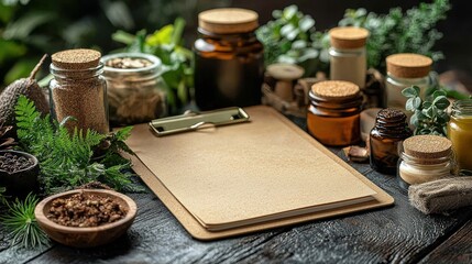 Apothecary's Workspace: Herbs, Jars, and Clipboard on Rustic Wooden Table.