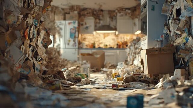 Kitchen cluttered with garbage and debris in disorganized condition  
