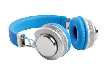 Blue headphones with sparkling rhinestones isolated on transparent background. Vibrant blue headphones with detailed silver earcups for immersive audio experience isolated on white background.