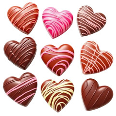 Collection of heart shaped chocolates with various designs on them