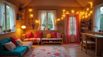 A cozy living room with colorful cushions, warm lighting, bookshelves, and a floral rug. Bright windows and wooden furniture create a charming ambiance of comfort