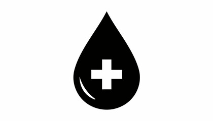 Fototapeta premium Black and white vector illustration of a blood drop with a plus sign inside.