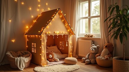 Warm playroom with a toy house lit by fairy lights, soft toys, and cozy accents by a window, creating a dreamy atmosphere for kids. Concept of playhouse in child room