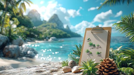 Tropical Paradise: Clipboard with Miniature Landscapes, Beach, Ocean, and Mountains.