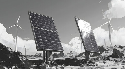 Black-and-white storyboard sketch of two solar panels