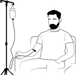 A man on an IV. A patient receiving an infusion. The person receives medications through an IV. Medical procedures involving intravenous administration of medications.