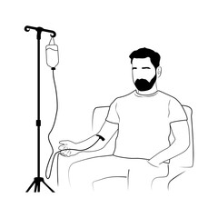 A man on an IV. A patient receiving an infusion. The person receives medications through an IV. Medical procedures involving intravenous administration of medications.