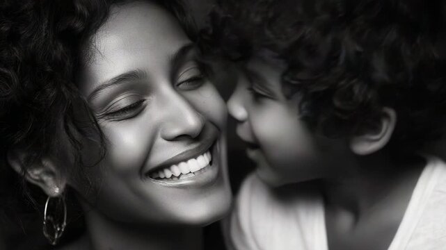 A Heartwarming Moment of Joy: A Child's Affectionate Kiss on a Mother's Cheek Captured in a Touching Black and White Frame, Highlighting Their Unbreakable Bond and Love