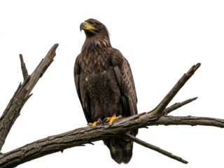 A brown eagle perched on a tree branch isolated on transparent background looking sharp and alert