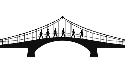 Obraz premium Silhouetted figures walking across a suspension bridge in black and white.