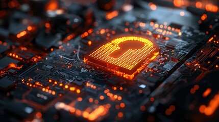 Glowing Digital Lock on Circuit Board: Cyber Security Concept, Data Protection.