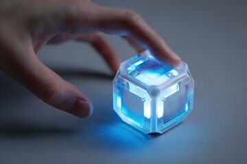 compact futuristic gadget resembling a glowing cube with interactive display