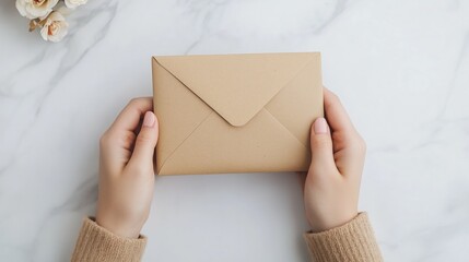 Female hands holding brown envelope on marble surface