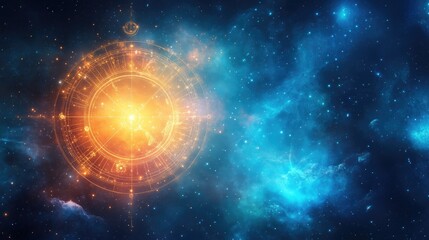 Glowing astrological symbol in vibrant cosmic space nebula