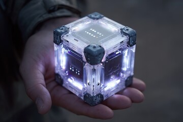 compact futuristic gadget resembling a glowing cube with interactive display