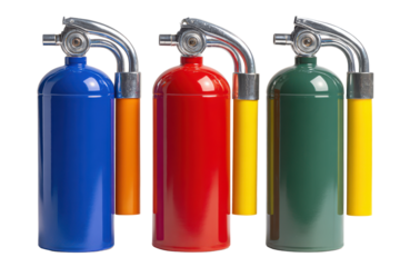 Colorful fire extinguishers isolated on transparent background. Three colorful fire extinguishers arranged for safety and emergency preparedness isolated on white background.