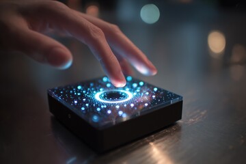 compact gadget emitting interactive holographic music controls