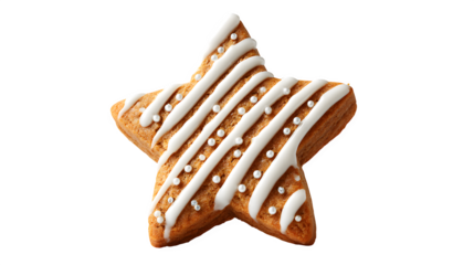 Isolated sea shell on white background decorated like a brown gingerbread Christmas cookie with sweet chocolate sugar star and holiday heart shapes