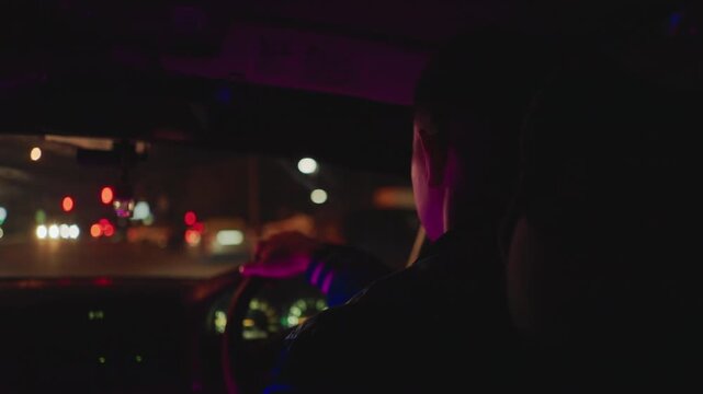 Night shift courier driving through city, dashboard glow and GPS lights guide route, hand on wheel, bokeh headlights and busy intersections create urgent tension, urban hustle vibe.
