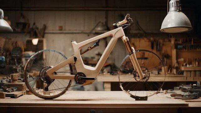 Wooden mountain bike on workbench in workshop with tools around  