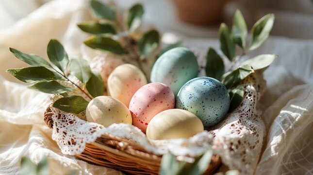 Easter basket filled with pastel hand-painted eggs, fresh boxwood leaves, and white lace cloth, bathed in soft morning sunlight with gentle bokeh in a cozy home setting.
