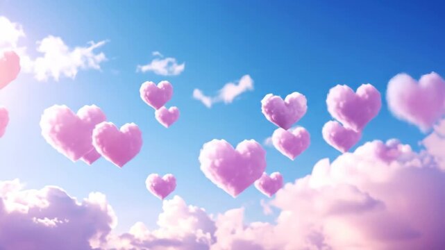 Floating heart-shaped clouds in a bright blue sky, creating a whimsical and romantic scene for a delightful visual.