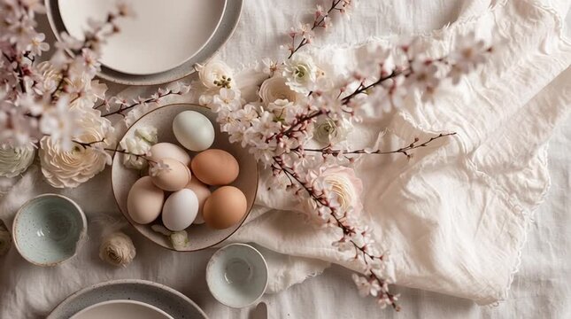 Top-down view of an Easter brunch table styled with fresh flowers, painted eggs, soft linen, and a minimal pastel palette, creating a clean, elegant, and seasonal poster-style composition.
