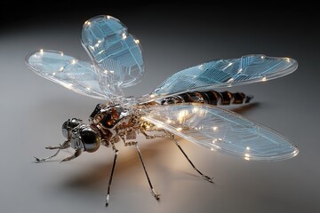 futuristic drone shaped like a sleek insect with glowing wings